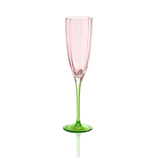 Tulip Flower pink champagne flute with a green stem and ribbed glass design, perfect for weddings, luxury events, and elegant table settings.