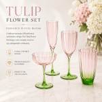 Tulip Flower pink and green water goblet with a ribbed body and scalloped rim, perfect for weddings, luxury events, and elegant table décor.