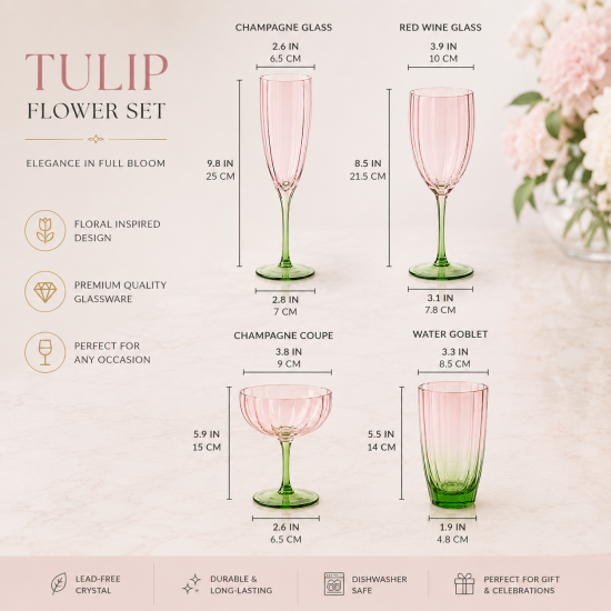 Tulip Flower pink and green water goblet with a ribbed body and scalloped rim, perfect for weddings, luxury events, and elegant table décor.