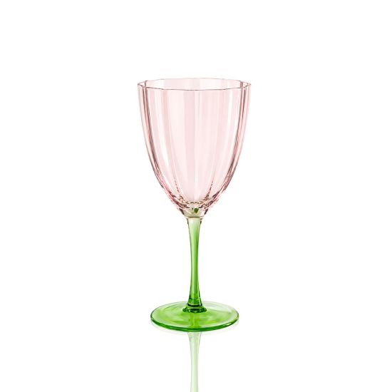 Tulip Flower pink wine glass with a green stem and ribbed design, perfect for serving wine at weddings, receptions, and luxury dining events.