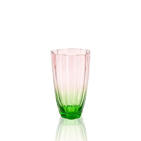 Tulip Flower pink and green water goblet with a ribbed body and scalloped rim, perfect for weddings, luxury events, and elegant table décor.