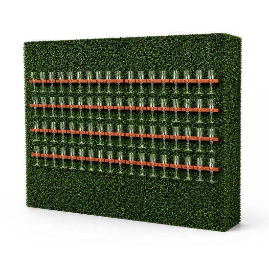 Square green hedge backdrop with horizontal wine glass holder rails, functional bar display wall for weddings and cocktail events.