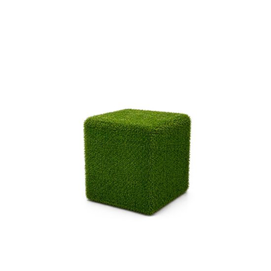 Grass ottoman covered in green artificial turf with cube shape, versatile lounge footrest or seat rental for outdoor events.