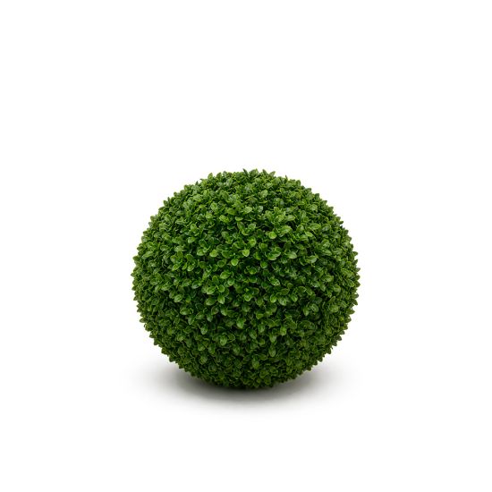 Large artificial hedge sphere with dense green foliage, decorative topiary ball accent for weddings, events, and lounge décor.