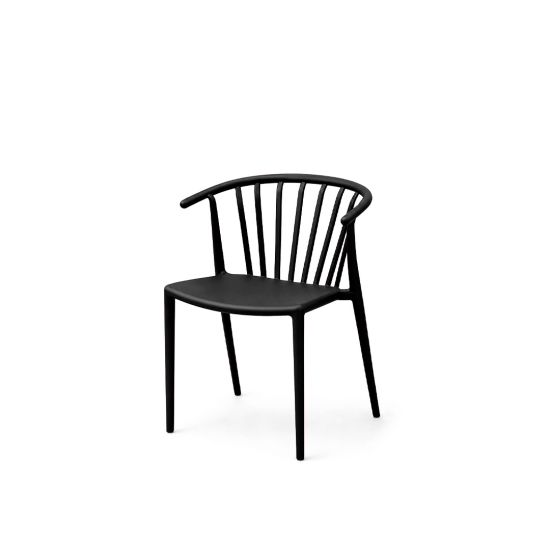 Black Malibu chair with curved slatted back and simple modern frame, lightweight event seating for dining setups and outdoor parties