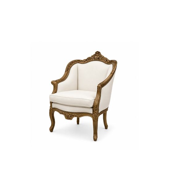 Vintage-style Orville armchair with carved gold frame and light upholstered seat, elegant accent seating for weddings and lounges