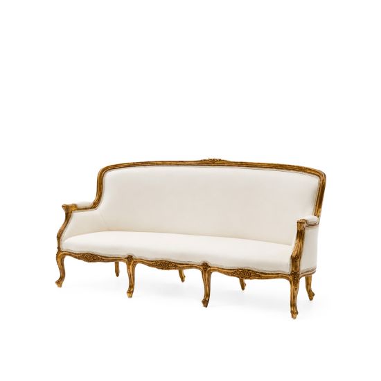Gold-framed Empire settee sofa with white upholstery, elegant vintage-style lounge seating for weddings, receptions, and events