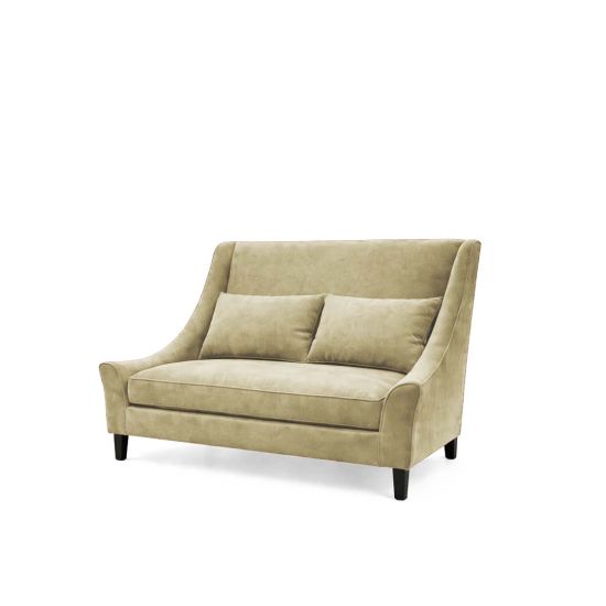 Ivory velvet loveseat sofa with curved arms, high backrest and black wooden legs, elegant modern seating for lounge or event décor