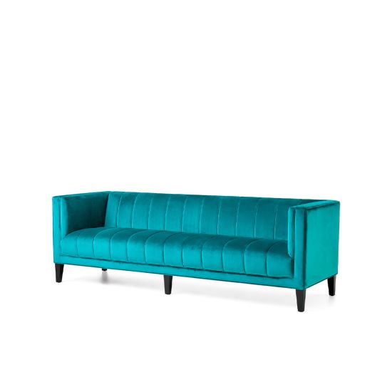 Aegean blue Hollywood sofa with channel-tufted back and black legs, modern lounge seating for events, receptions, and VIP areas