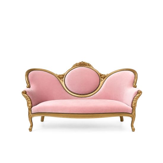 Pink Juliet sofa with ornate gold frame and curved back, romantic vintage lounge seating for weddings, photo ops, and events
