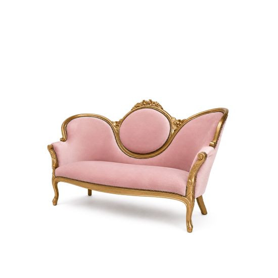 Pink Juliet sofa with ornate gold frame and curved back, romantic vintage lounge seating for weddings, photo ops, and events