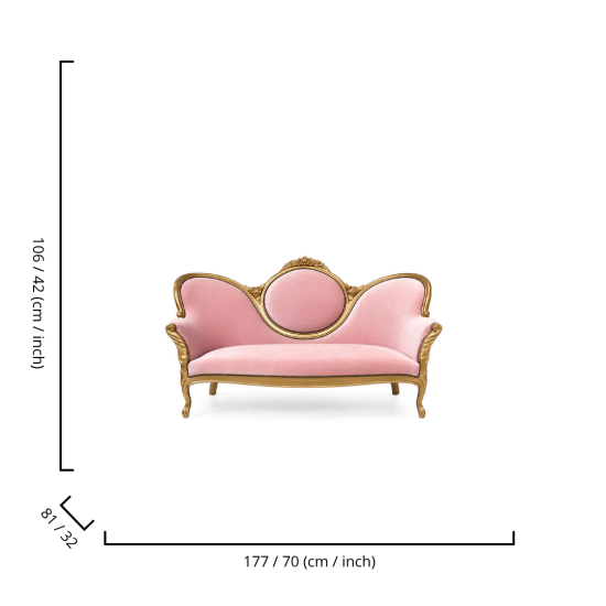 Pink Juliet sofa with ornate gold frame and curved back, romantic vintage lounge seating for weddings, photo ops, and events