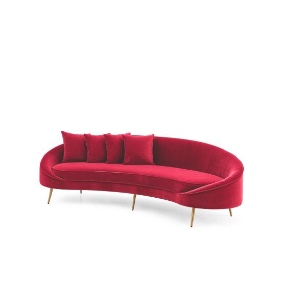Pink LA curved sofa with low back and matching cushions, playful lounge seating for weddings, photo ops, and event lounges