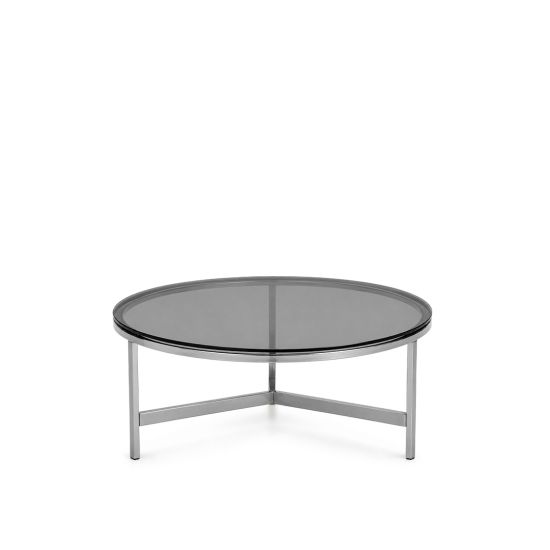 Round Evian coffee table with glass top and metal frame, modern centerpiece table for event lounges and cocktail seating areas