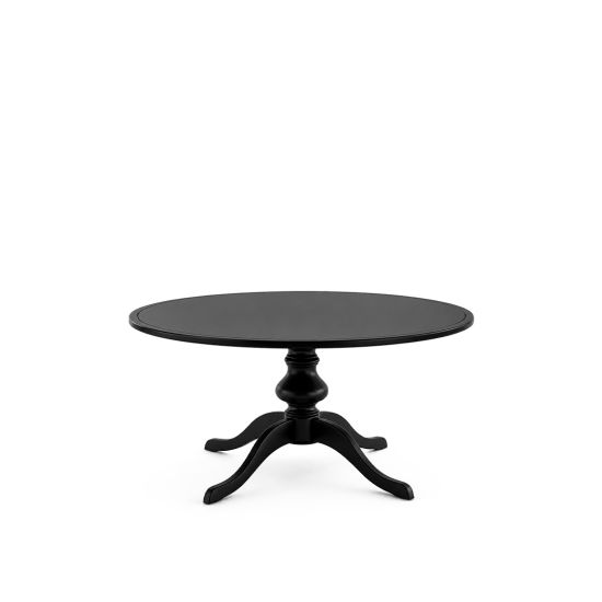 Black Isla West 6-foot round dining table with pedestal base, classic event dining table for weddings and banquet setups