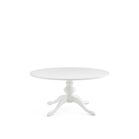 White Isla West 6-foot round dining table with pedestal base, elegant event dining table for weddings and banquet seating