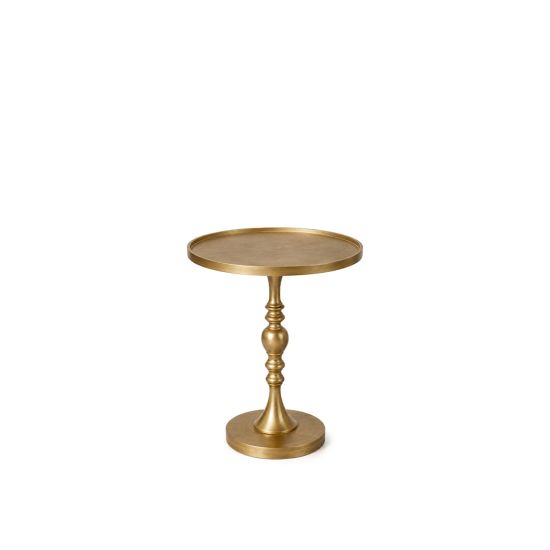 Brass Monaco coffee table with turned pedestal base and mirrored round top, elegant accent table for weddings and event lounges