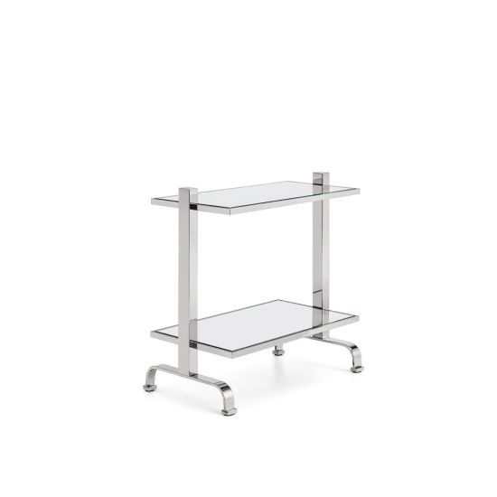 Oscar side table with two-tier rectangular shelves on a metal rolling frame, functional accent table for event lounges and service