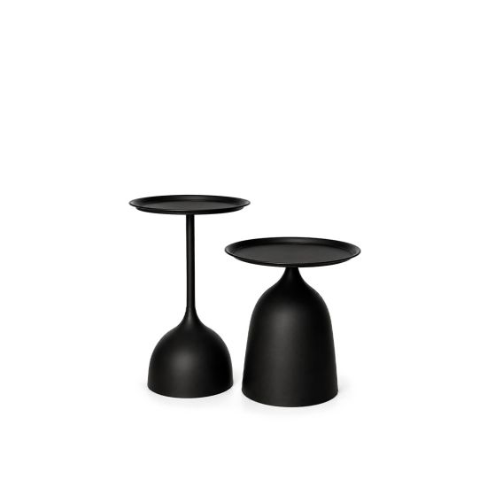 Black Onyx metal nesting tables with round tops and sculptural bases, modern accent tables for event lounges and VIP seating