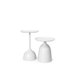 White Onyx metal nesting tables with round tops and sculptural pedestal bases, modern accent tables for weddings and event lounges