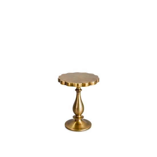 Gold Petale side table with scalloped round top and turned pedestal base, elegant accent table for weddings and event lounges