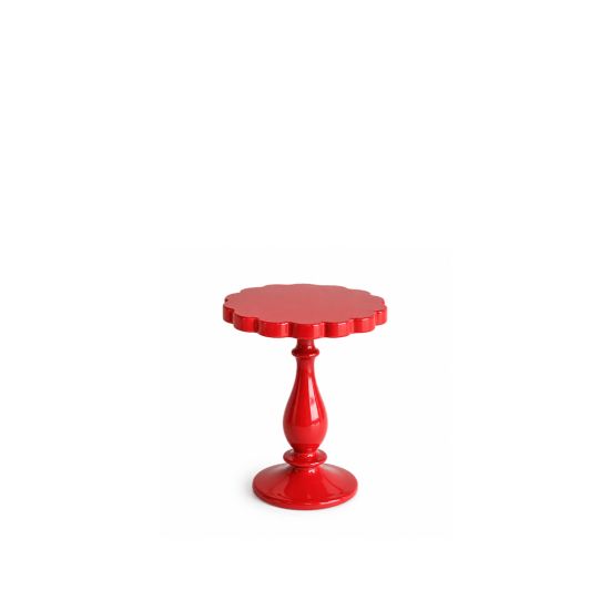 Red Petale side table with scalloped round top and turned pedestal base, bold accent table for parties and event lounge décor