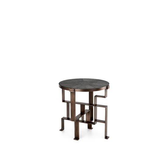 Puzzle café table with round top and geometric metal base, modern cocktail table for events, lounges, and reception seating