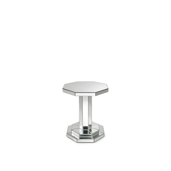 Romano art deco coffee table with octagonal top and mirrored pedestal base, glamorous accent table for weddings and event lounges