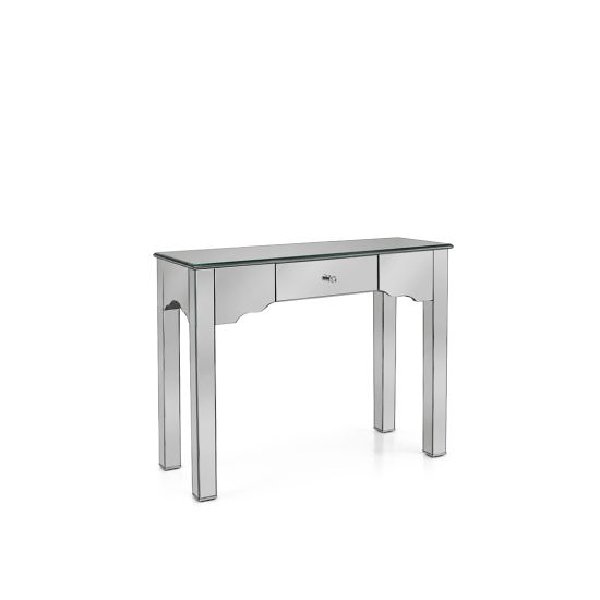 Romano console table with slim glass top and clear legs, elegant display table for event décor, lounges, and entry setups
