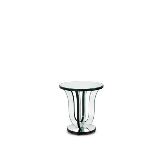 Romano side table with mirrored round top and sculptural pedestal base, modern accent table for event lounges and receptions