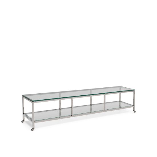 Long rectangular Tetris coffee table with open metal frame and shelf, modern lounge table for events and reception areas