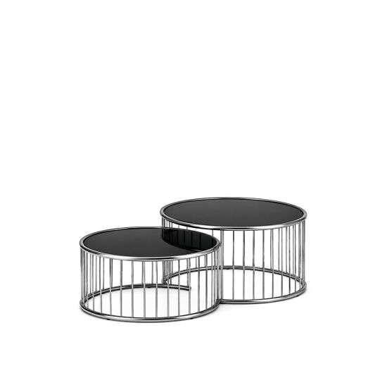 Chrome Tube coffee table with circular nested design and open metal frame, modern lounge table for events and reception areas