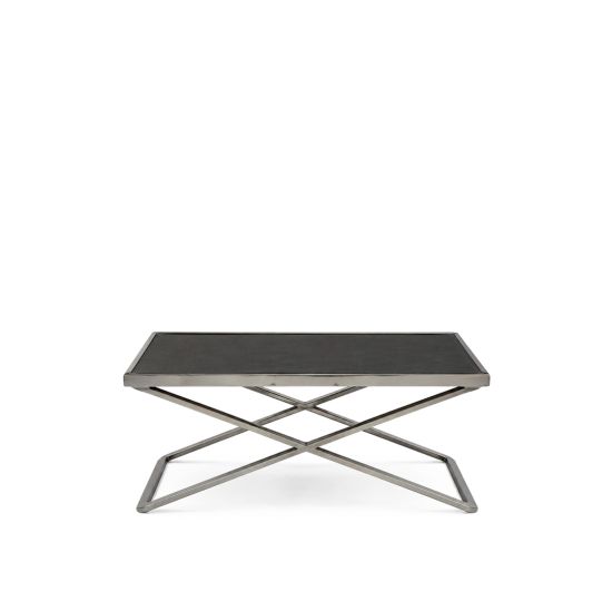 Valentino coffee table with rectangular top and crossed metal base, modern lounge table for events, receptions, and VIP areas