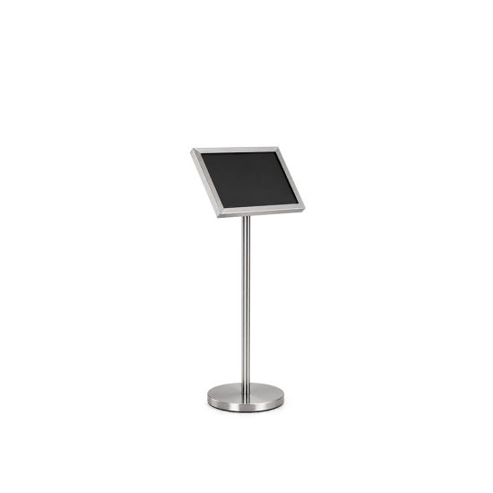 Silver sign post stand with angled frame, designed to display signage, directions, or event branding at entrances and receptions