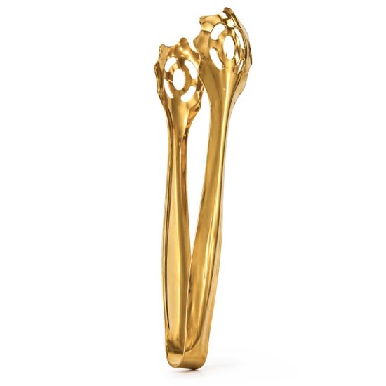 Large gold decorative Tongs with split elongated handle and perforated sculptural top, modern luxury event tableware accessory for elegant catering displays