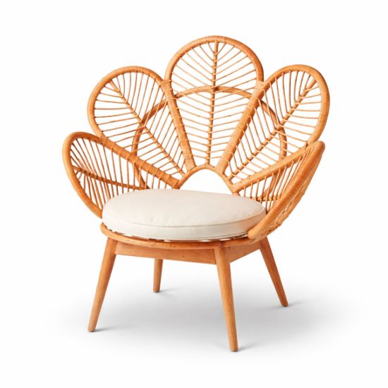 Plumage chair with fan-shaped rattan back and white cushion, boho statement seating rental for weddings and event lounges.