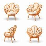 Plumage chair with fan-shaped rattan back and white cushion, boho statement seating rental for weddings and event lounges.