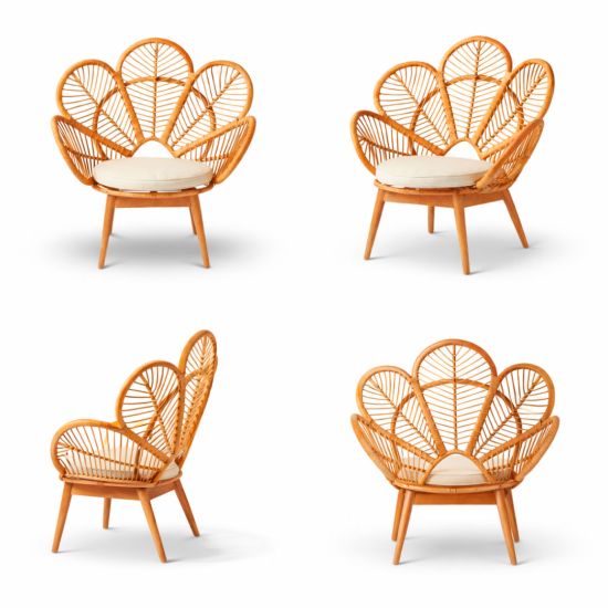 Plumage chair with fan-shaped rattan back and white cushion, boho statement seating rental for weddings and event lounges.