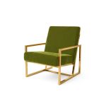 Moss velvet lounge armchair with polished gold metal frame and open square base, modern luxury seating for upscale event lounges.