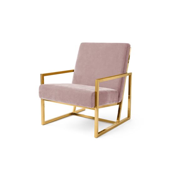 Rose Gold velvet lounge armchair with polished gold metal frame and open square base, modern luxury seating for upscale event lounges.