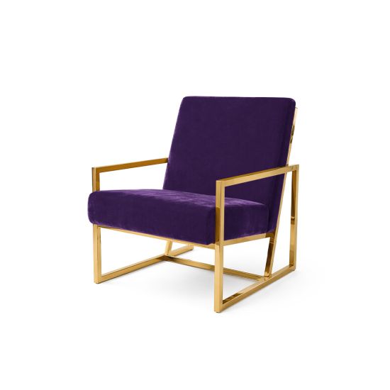 Eggplant velvet lounge armchair with polished gold metal frame and open square base, modern luxury seating for upscale event lounges.