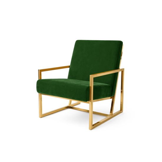 Emerald Green velvet lounge armchair with polished gold metal frame and open square base, modern luxury seating for upscale event lounges.