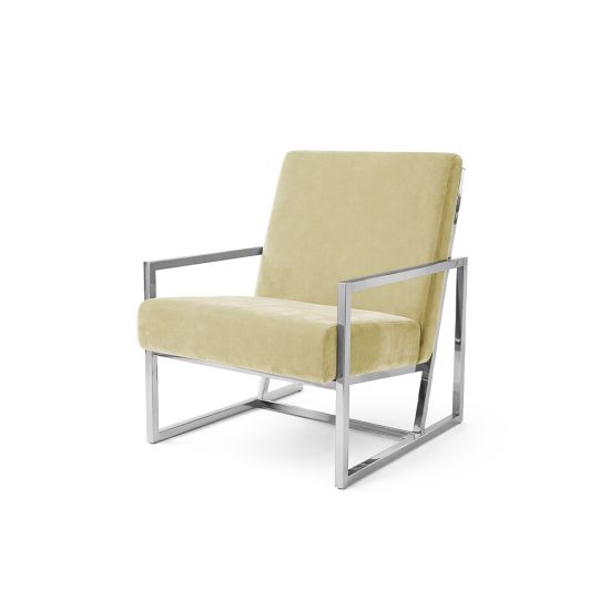 Ivory velvet lounge armchair with polished silver frame and open square base, modern luxury seating for upscale event lounges.