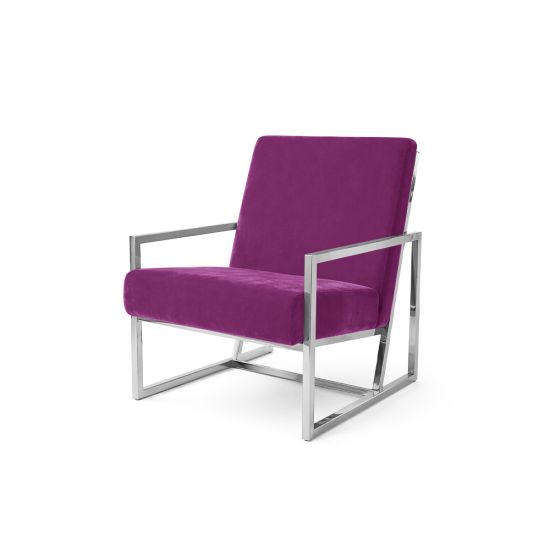 Magenta velvet lounge armchair with polished silver frame and open square base, modern luxury seating for upscale event lounges.
