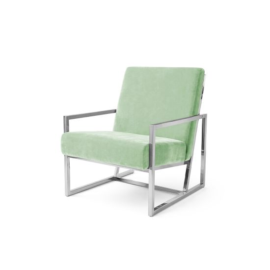 Mint velvet lounge armchair with polished silver frame and open square base, modern luxury seating for upscale event lounges.