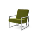Moss velvet lounge armchair with polished silver frame and open square base, modern luxury seating for upscale event lounges.