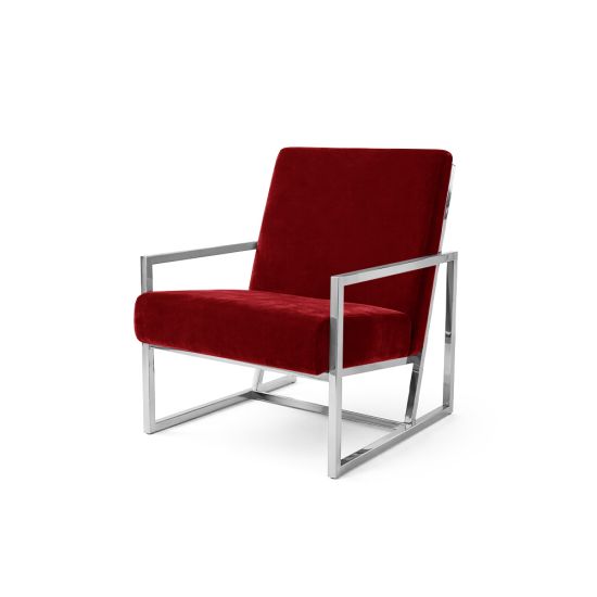 Red velvet lounge armchair with polished silver frame and open square base, modern luxury seating for upscale event lounges.