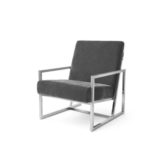 Silver velvet lounge armchair with polished silver frame and open square base, modern luxury seating for upscale event lounges.