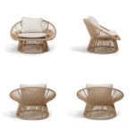 Spade chair with round woven wicker frame and white cushion, relaxed boho lounge chair rental for weddings and events.