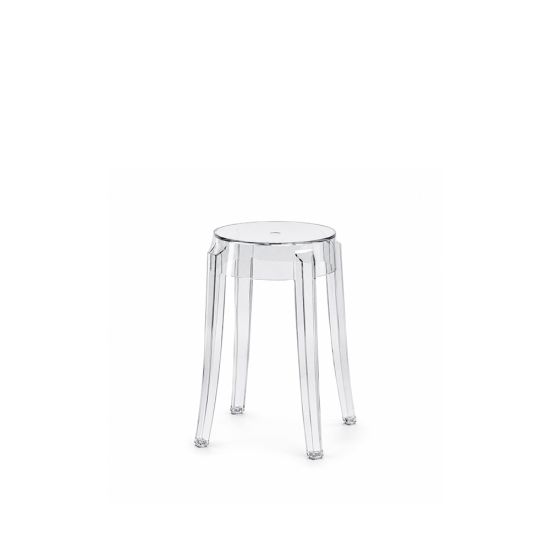 Clear acrylic Charles Ghost ottoman stool with square seat and straight legs, modern transparent accent seating for events and lounges